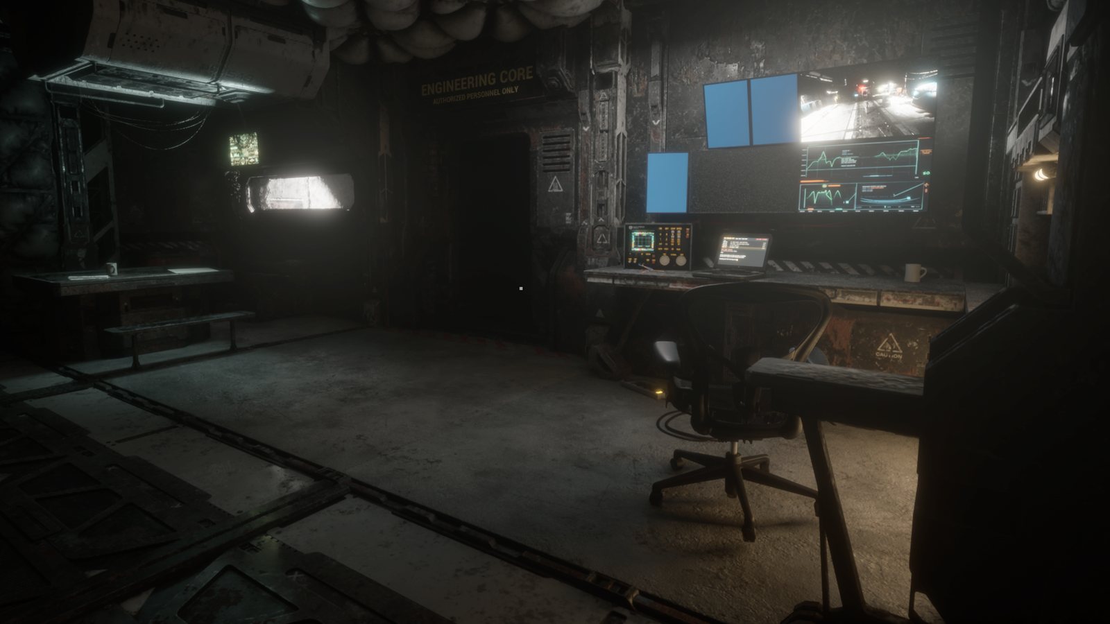 The Engineering Core monitoring station — screens still on, chair empty