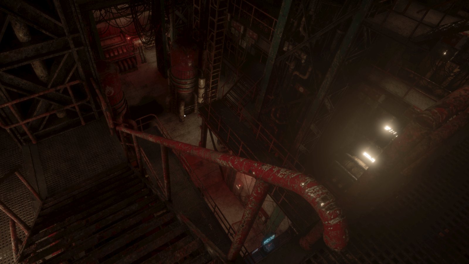 A red conduit descending into the lower-deck service shaft